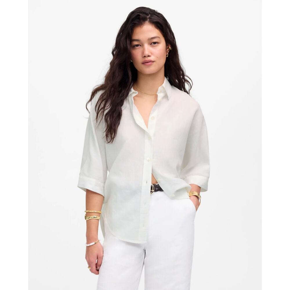 Madewell Oversized Button-Up Shirt SZ XXS White Cotton-Linen 3/4 Pleated-Sleeve